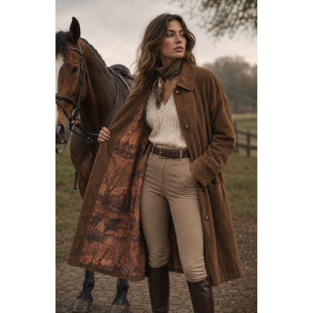 Fox Run Suede Coat Wms XL Brown Equestrian Fox Hunt Lining Vintage Car Coat